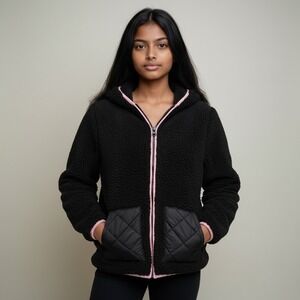 NWT Madden Girl Girls Black Faux Fur Sherpa Full Zip Hoodie Jacket Pink Trim 7/8